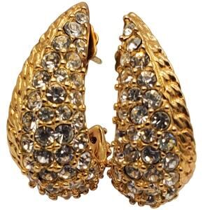 Krementz Crystal Half Hoop Earrings Pierced Post Pave Rhinestone Gold Tone